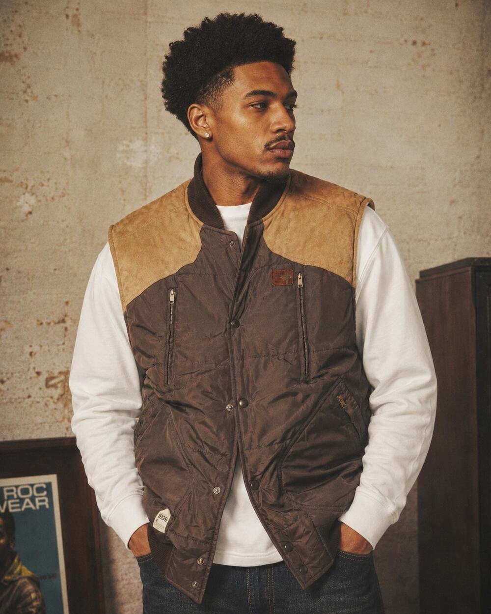 Rocawear Vest Sz 2xl Y2K streetwear Core Denim Brown Faux Suede Striped Fleece